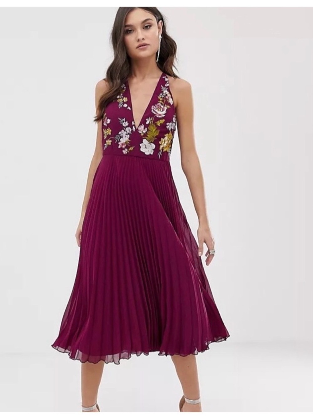 Women’s ASOS DESIGN embroidered midi dress w/halter neck pleated skirt Size 00
